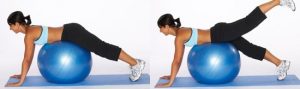 упражнения для спины женщинам, подъем ног на фитболе, картинка