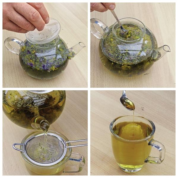 Приготовление чая: настаиваем, закрыв чайник, перемешиваем, процеживаем, добавляем мед