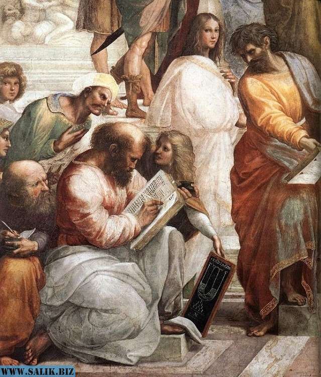Фрагмент картины *Афинская школа*, Рафаэля Санти, где художник изобразил Гипатию.