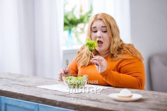 Полная девушка ест салат, оглядываясь на пироженое, фото