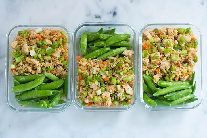 Meal prep chicken cauliflower fried rice for three of the days for the meal plan for weight loss.